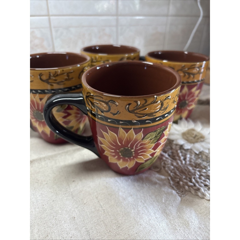 4 Pier 1 Imports Terracotta Hand-Painted Sunflower Mug Cups
